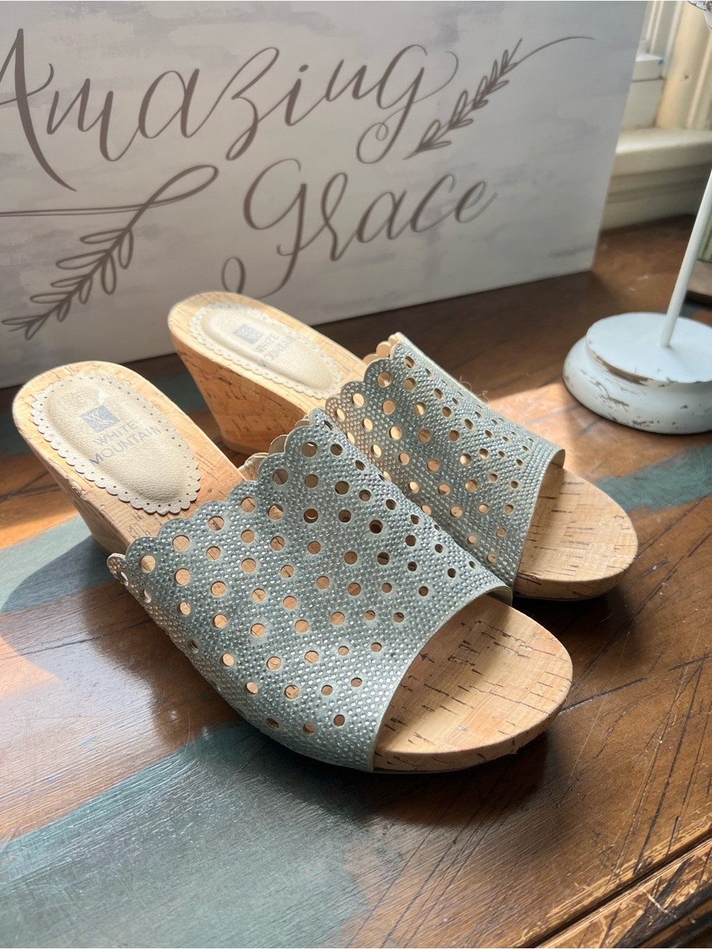 Size 6 White Mountain Light Gray with Rhinestones Perforated Cork Wedge Sandals